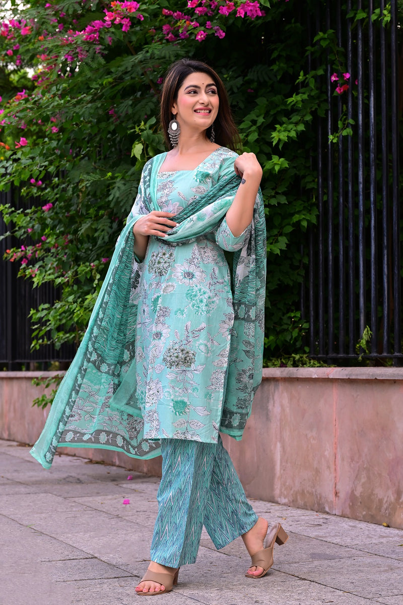Classic Printed Pure Cotton Kurta, Palazzo and Dupatta Set for Festive wear