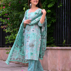 Classic Printed Pure Cotton Kurta, Palazzo and Dupatta Set for Festive wear