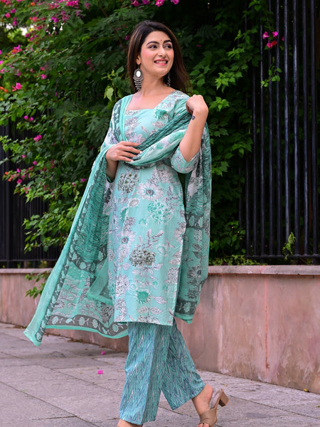 Classic Printed Pure Cotton Kurta, Palazzo and Dupatta Set for Festive wear