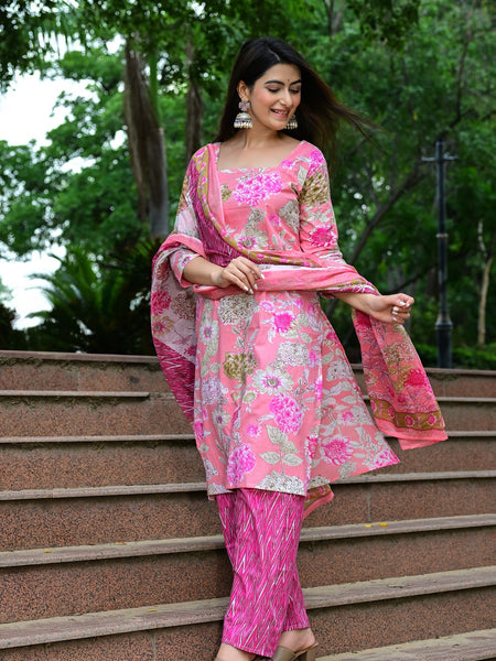 Classic Printed Pure Cotton Kurta, Palazzo and Dupatta Set for Festive wear