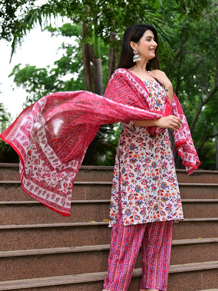 Classic Printed Pure Cotton Kurta, Palazzo and Dupatta Set for Festive wear