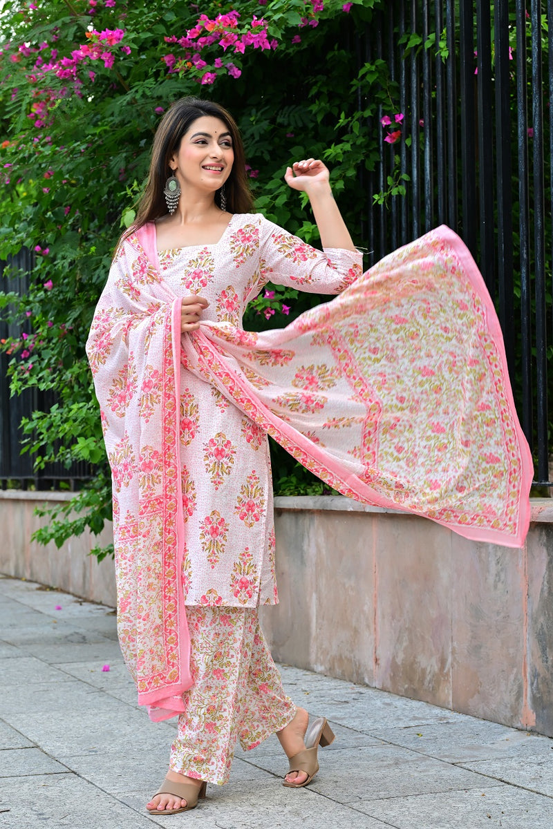 Classic Printed Pure Cotton Kurta, Palazzo and Dupatta Set for Festive wear