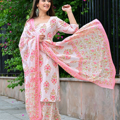 Classic Printed Pure Cotton Kurta, Palazzo and Dupatta Set for Festive wear