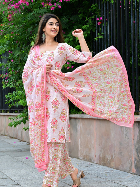 Classic Printed Pure Cotton Kurta, Palazzo and Dupatta Set for Festive wear