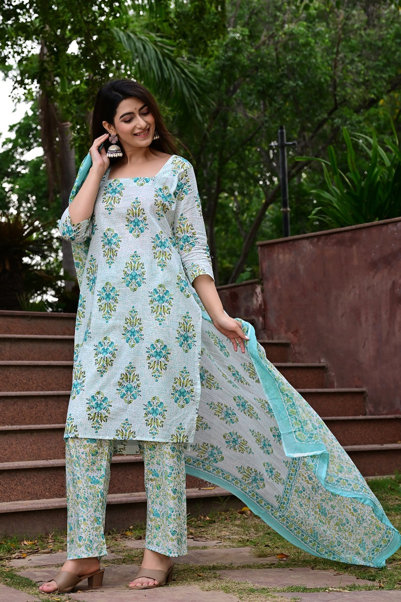Classic Printed Pure Cotton Kurta, Palazzo and Dupatta Set for Festive wear