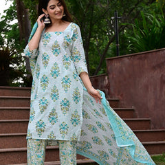 Classic Printed Pure Cotton Kurta, Palazzo and Dupatta Set for Festive wear