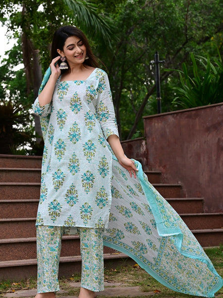 Classic Printed Pure Cotton Kurta, Palazzo and Dupatta Set for Festive wear