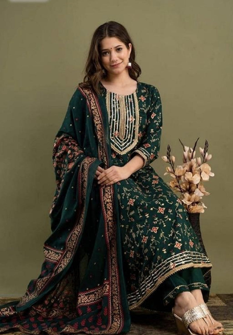 Dark Green Kurta, Pant & Dupatta with Gold Detailing of Gota Work