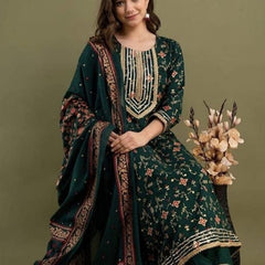Dark Green Kurta, Pant & Dupatta with Gold Detailing of Gota Work