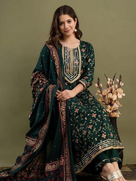 Dark Green Kurta, Pant & Dupatta with Gold Detailing of Gota Work