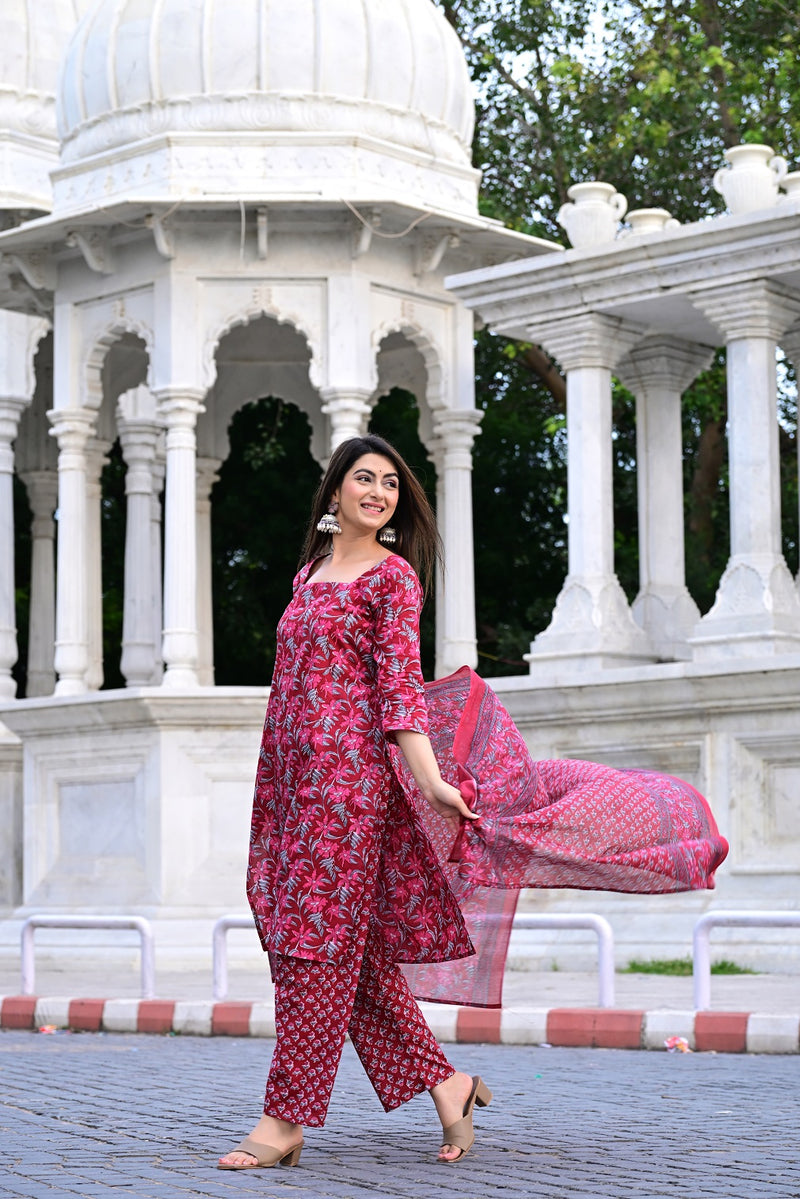 Classic Printed Pure Cotton Kurta, Palazzo and Dupatta Set for Festive wear