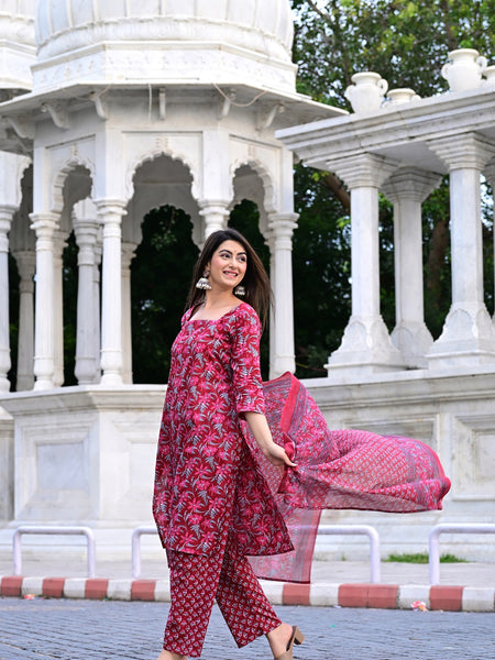 Classic Printed Pure Cotton Kurta, Palazzo and Dupatta Set for Festive wear