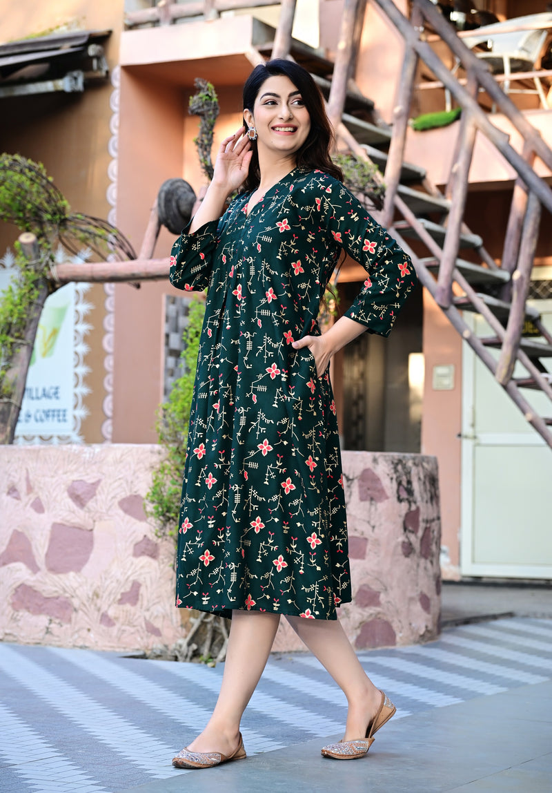 Casual & Comfortable Green Printed Dress for Women with Pocket