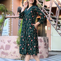 Casual & Comfortable Green Printed Dress for Women with Pocket