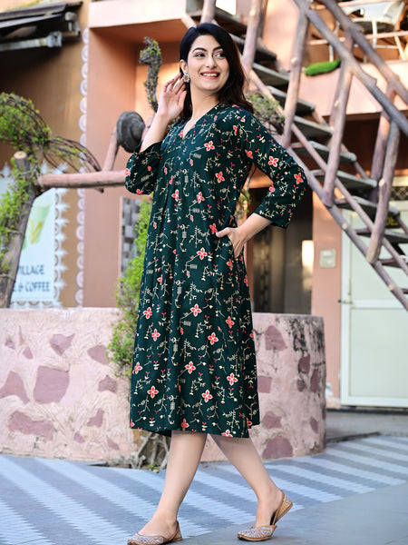 Casual & Comfortable Green Printed Dress for Women with Pocket