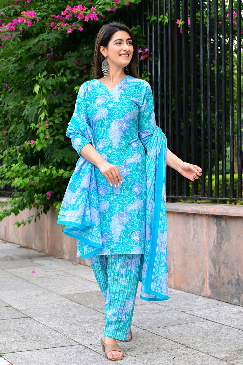 Classic Printed Pure Cotton Kurta, Palazzo and Dupatta Set for Festive wear