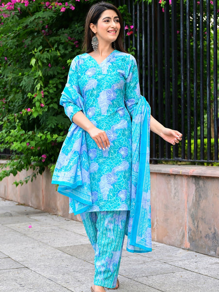 Classic Printed Pure Cotton Kurta, Palazzo and Dupatta Set for Festive wear