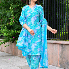 Classic Printed Pure Cotton Kurta, Palazzo and Dupatta Set for Festive wear