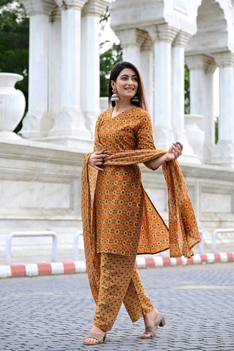 Classic Printed Pure Cotton Kurta, Palazzo and Dupatta Set for Festive wear
