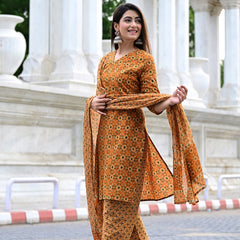 Classic Printed Pure Cotton Kurta, Palazzo and Dupatta Set for Festive wear
