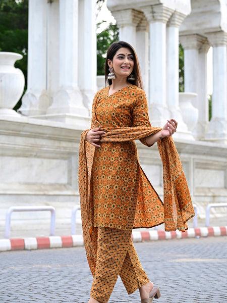 Classic Printed Pure Cotton Kurta, Palazzo and Dupatta Set for Festive wear