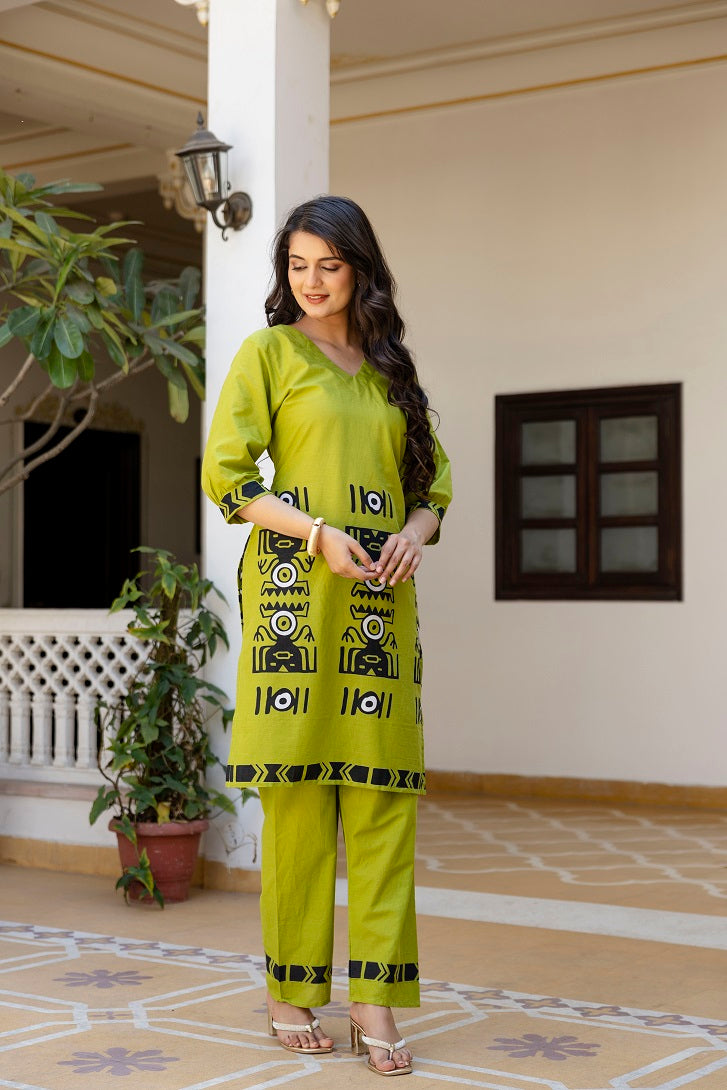 Parrot Green Cotton Co-ord Set for Women