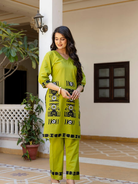 Parrot Green Cotton Co-ord Set for Women