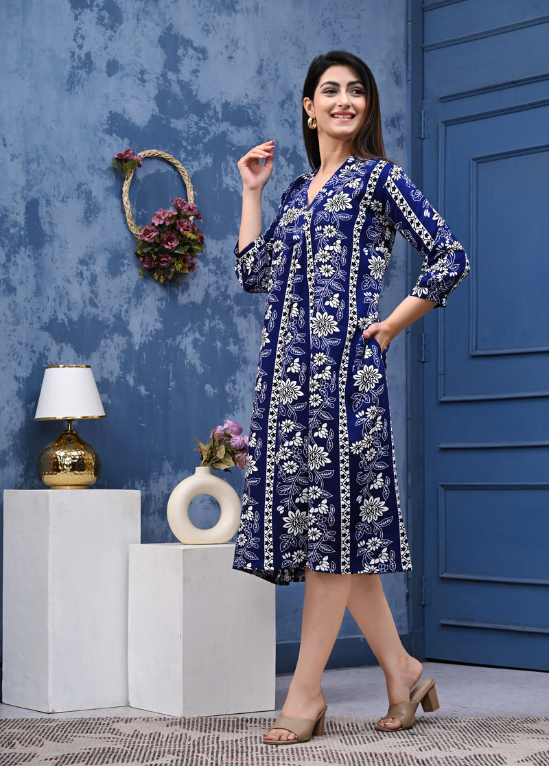Casual & Comfortable Blue Printed Dress for Women with Pocket