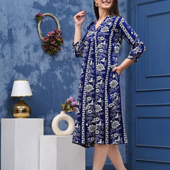 Casual & Comfortable Blue Printed Dress for Women with Pocket