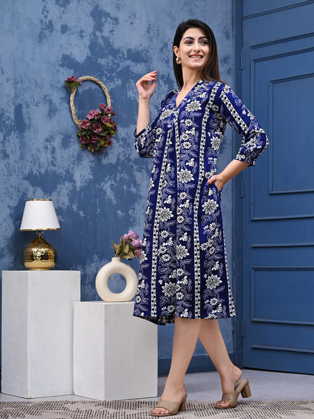 Casual & Comfortable Blue Printed Dress for Women with Pocket