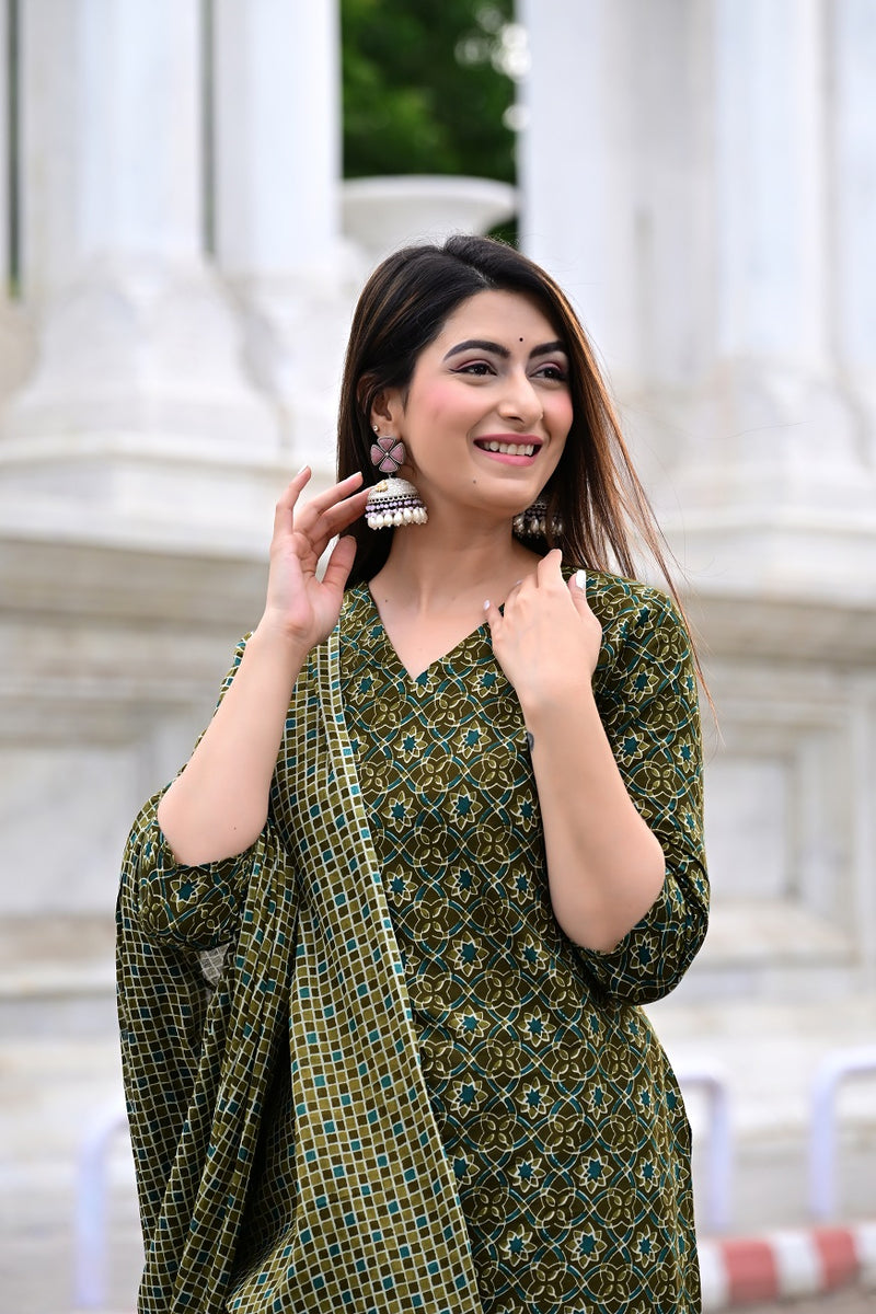 Classic Printed Pure Cotton Kurta, Palazzo and Dupatta Set for Festive wear
