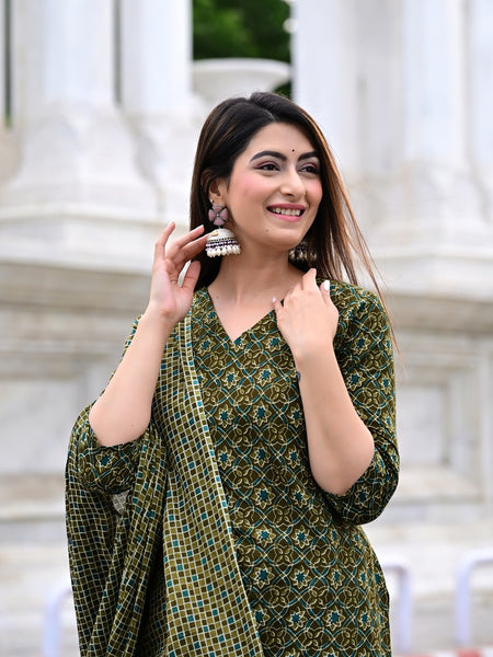 Classic Printed Pure Cotton Kurta, Palazzo and Dupatta Set for Festive wear