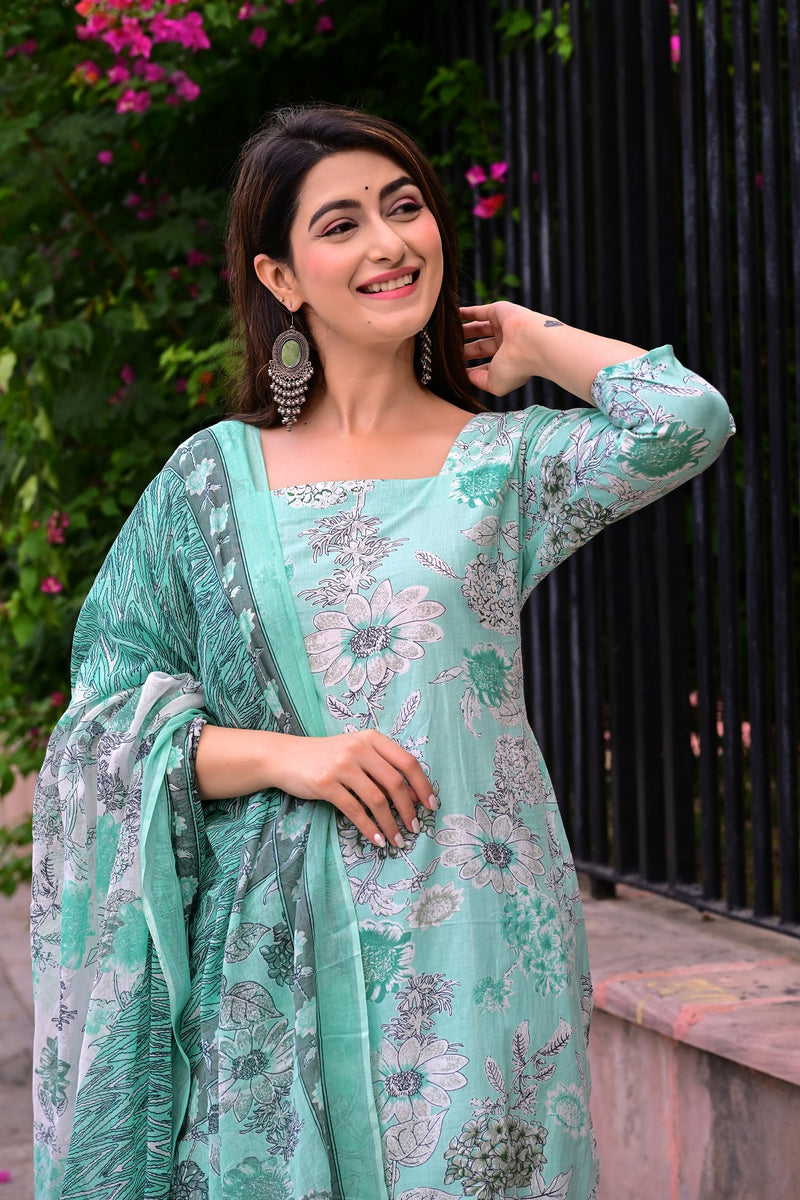 Classic Printed Pure Cotton Kurta, Palazzo and Dupatta Set for Festive wear