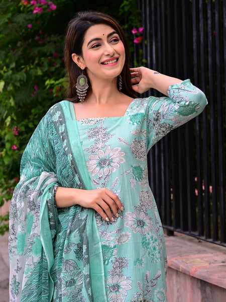Classic Printed Pure Cotton Kurta, Palazzo and Dupatta Set for Festive wear