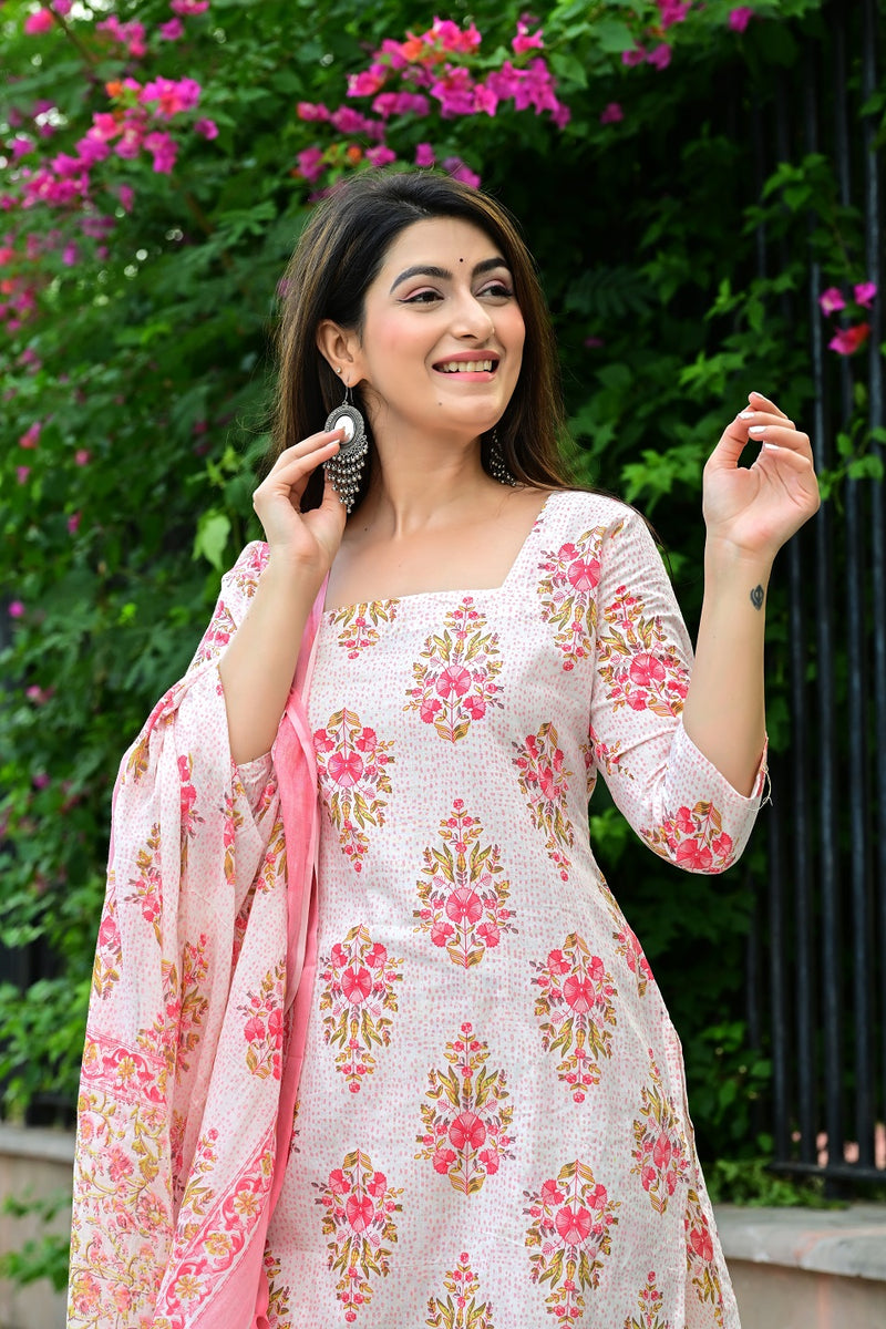 Classic Printed Pure Cotton Kurta, Palazzo and Dupatta Set for Festive wear
