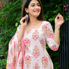 Classic Printed Pure Cotton Kurta, Palazzo and Dupatta Set for Festive wear