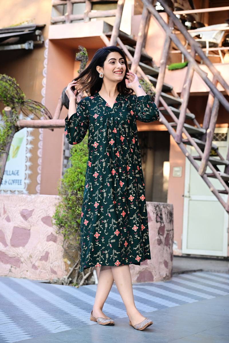 Casual & Comfortable Green Printed Dress for Women with Pocket