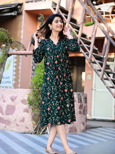 Casual & Comfortable Green Printed Dress for Women with Pocket
