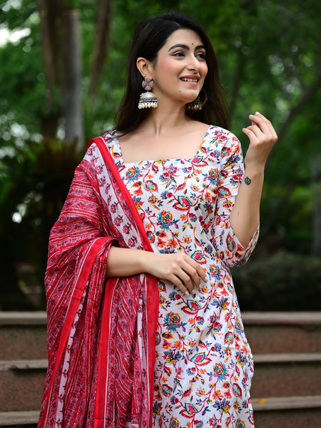Classic Printed Pure Cotton Kurta, Palazzo and Dupatta Set for Festive wear