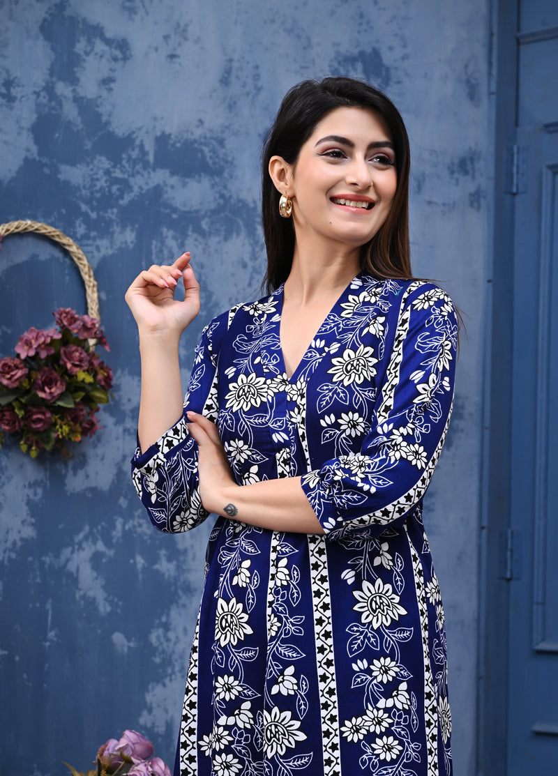 Casual & Comfortable Blue Printed Dress for Women with Pocket