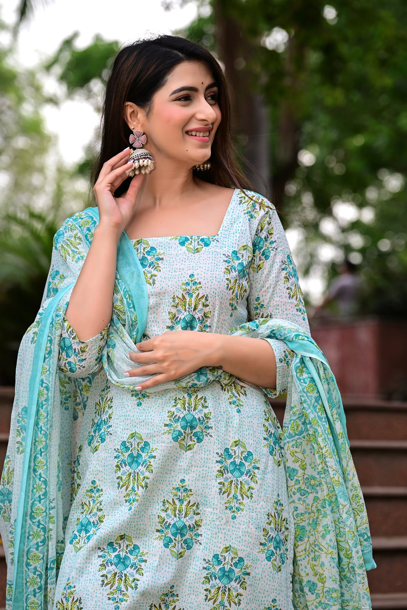 Classic Printed Pure Cotton Kurta, Palazzo and Dupatta Set for Festive wear