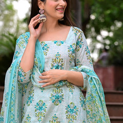 Classic Printed Pure Cotton Kurta, Palazzo and Dupatta Set for Festive wear