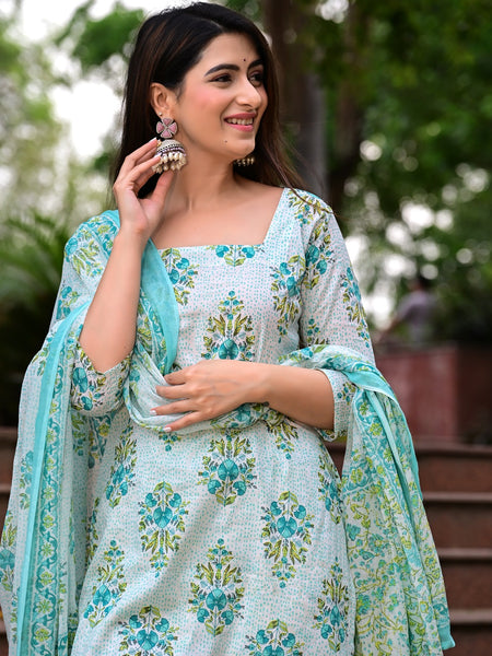 Classic Printed Pure Cotton Kurta, Palazzo and Dupatta Set for Festive wear