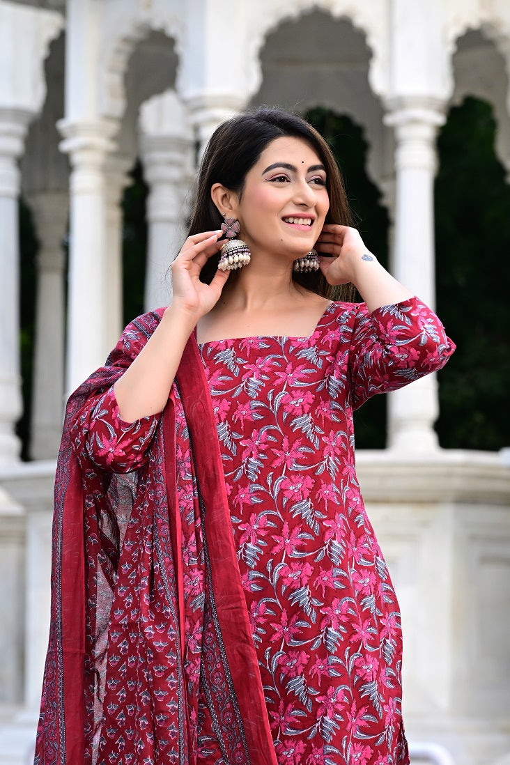 Classic Printed Pure Cotton Kurta, Palazzo and Dupatta Set for Festive wear