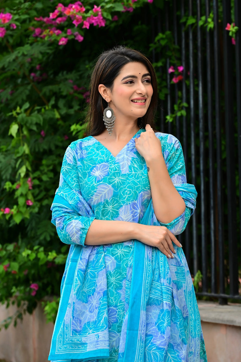 Classic Printed Pure Cotton Kurta, Palazzo and Dupatta Set for Festive wear