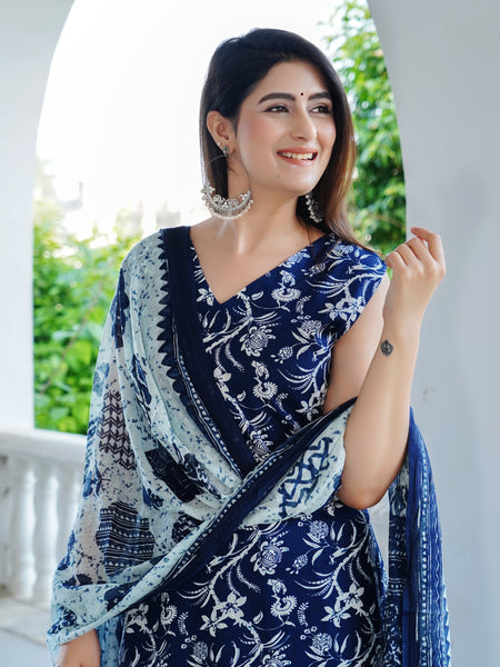 Bold Floral Print Sleeveless Kurta Set with Dupatta