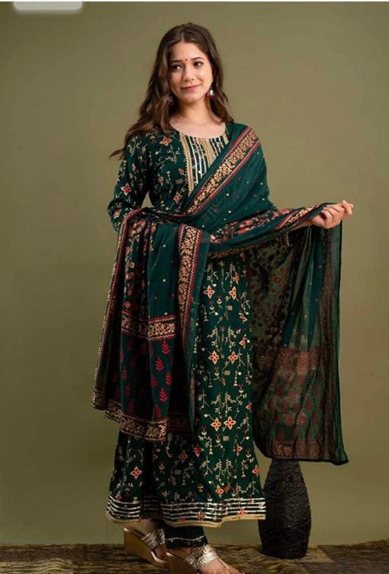 Dark Green Kurta, Pant & Dupatta with Gold Detailing of Gota Work