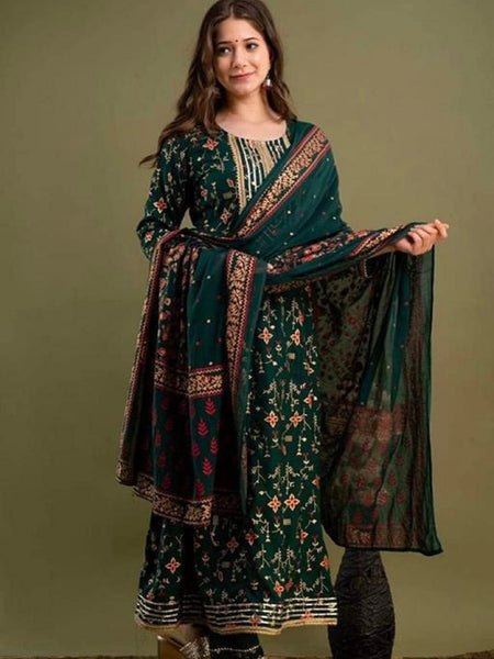 Dark Green Kurta, Pant & Dupatta with Gold Detailing of Gota Work