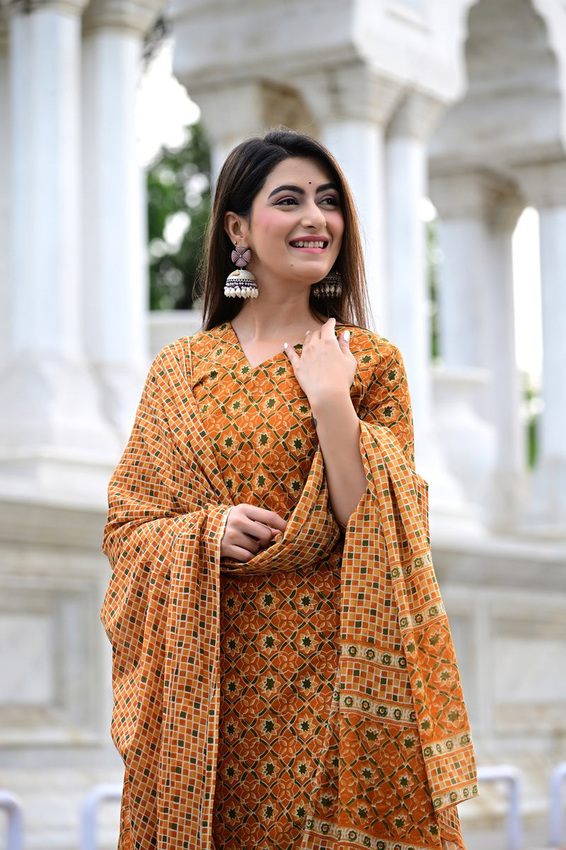 Classic Printed Pure Cotton Kurta, Palazzo and Dupatta Set for Festive wear