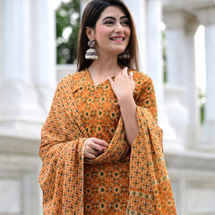 Classic Printed Pure Cotton Kurta, Palazzo and Dupatta Set for Festive wear